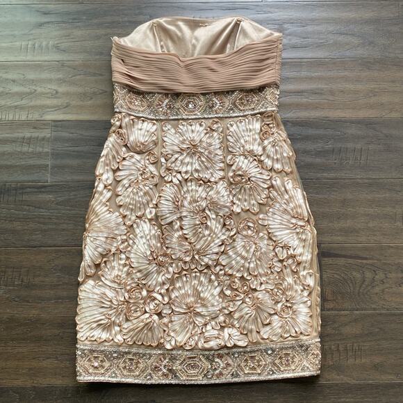 SUE WONG Strapless Dress Womens Sz 2 Cream Tan Soutache Beaded Cocktail Holiday - Picture 6 of 8